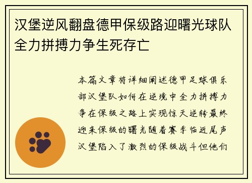 汉堡逆风翻盘德甲保级路迎曙光球队全力拼搏力争生死存亡