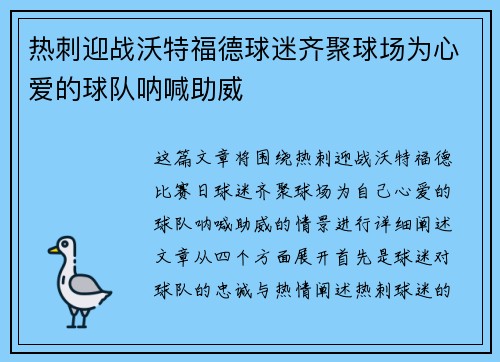 热刺迎战沃特福德球迷齐聚球场为心爱的球队呐喊助威