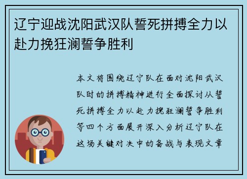 辽宁迎战沈阳武汉队誓死拼搏全力以赴力挽狂澜誓争胜利