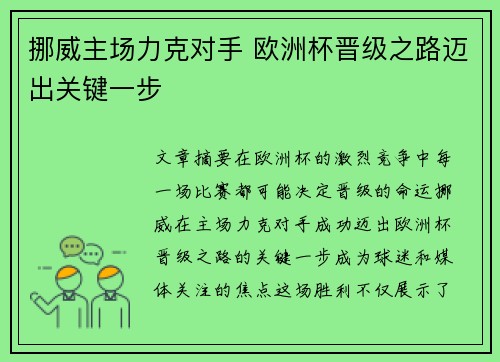 挪威主场力克对手 欧洲杯晋级之路迈出关键一步
