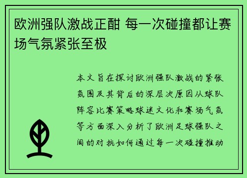 欧洲强队激战正酣 每一次碰撞都让赛场气氛紧张至极