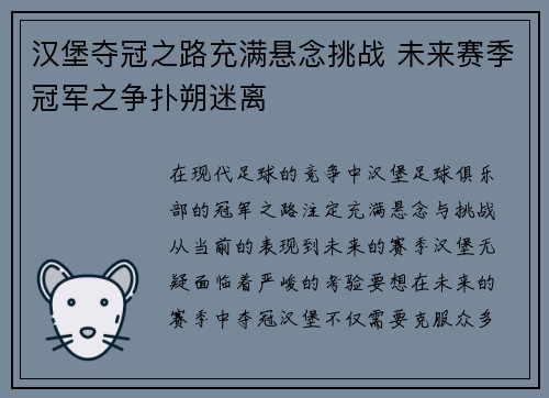 汉堡夺冠之路充满悬念挑战 未来赛季冠军之争扑朔迷离