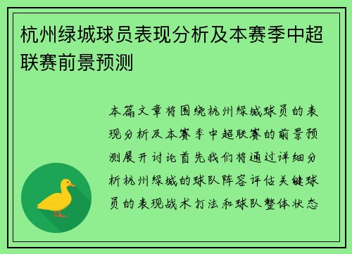 杭州绿城球员表现分析及本赛季中超联赛前景预测