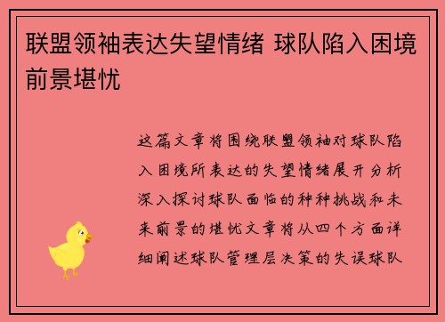 联盟领袖表达失望情绪 球队陷入困境前景堪忧