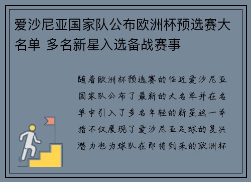 爱沙尼亚国家队公布欧洲杯预选赛大名单 多名新星入选备战赛事