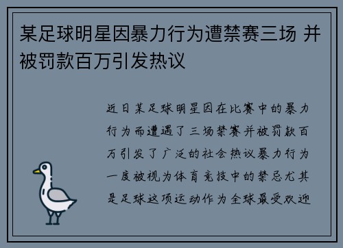 某足球明星因暴力行为遭禁赛三场 并被罚款百万引发热议