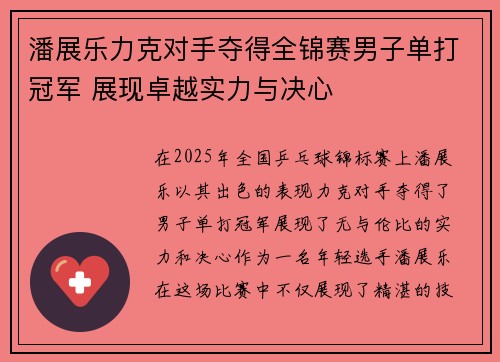 潘展乐力克对手夺得全锦赛男子单打冠军 展现卓越实力与决心