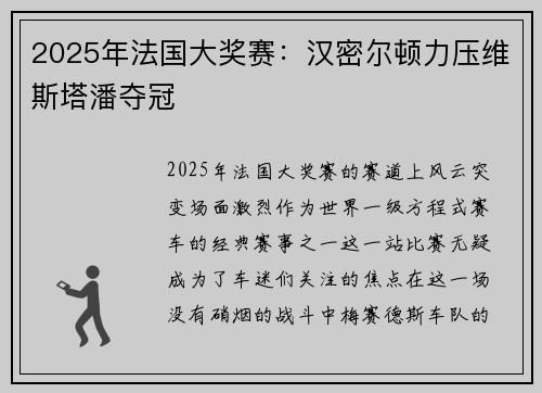 2025年法国大奖赛：汉密尔顿力压维斯塔潘夺冠